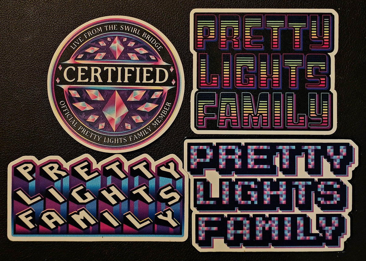 Four 'Pretty Lights Family' branded stickers on a black background