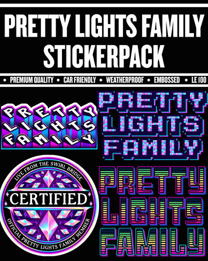 Pretty Lights Family sticker pack with colorful text and logo on a black background