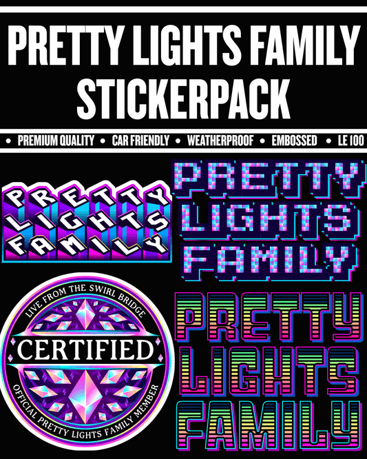 Pretty Lights Family sticker pack with colorful text and logo on a black background