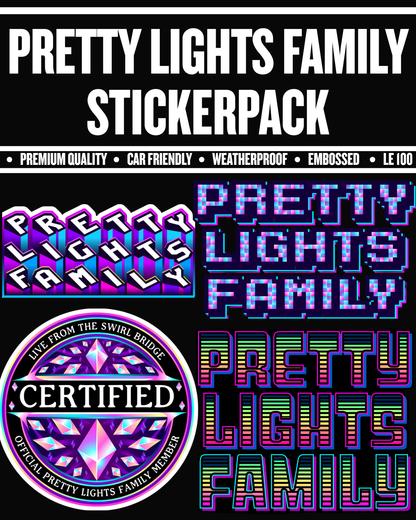 Pretty Lights Family sticker pack with colorful text and logo on a black background