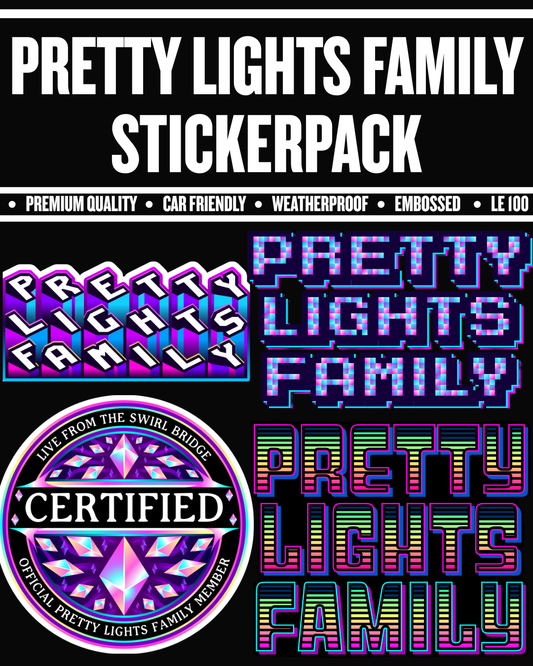 Pretty Lights Family sticker pack with colorful text and logo on a black background
